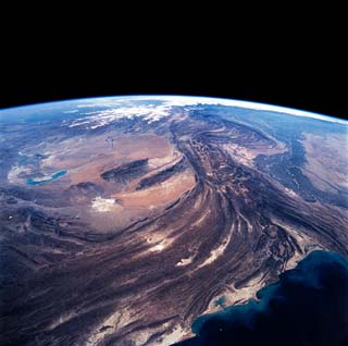 Folded mountains of the Makran Range and Indus River Valley, Pakistan.